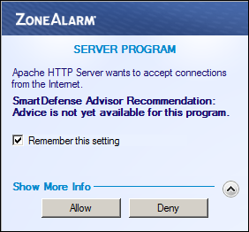 ZoneAlarm Server Program pop-up: Apache HTTP Server wants to accept connections from the Internet. "Remember this setting" is checked.