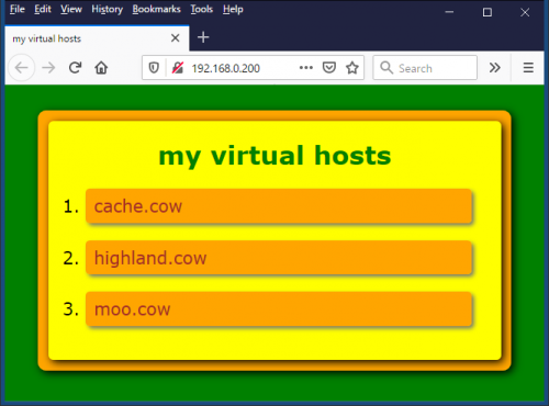 Browser window displaying index page with links to test websites