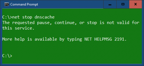 Command line window: net stop dnscache error message, "The requested pause, continue, or stop is not valid for this server."