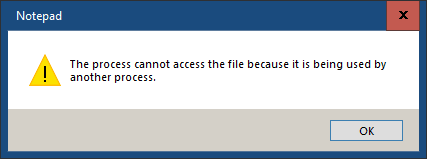 Windows pop-up: "The process cannot access the file because it is being used by another process."