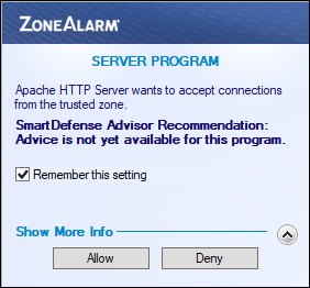 ZoneAlarm Server Program pop-up: Apache HTTP Server wants to accept connections from the trusted zone: "Remember this setting" is checked.