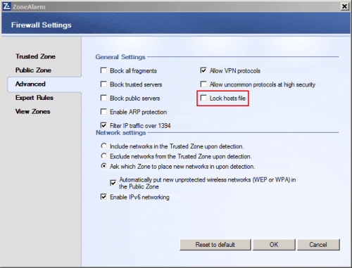 Unlocking the hosts file in ZoneAlarm: "Lock hosts file" checkbox is unchecked