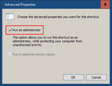 Advanced Properties window: checking "Run as Administrator" checkbox for "edit hosts file" shortcut