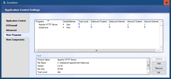 ZoneAlarm Application Control Settings window showing Apache Outbound Trusted and Internet zones, and Inbound Trusted and Internet zones allowed